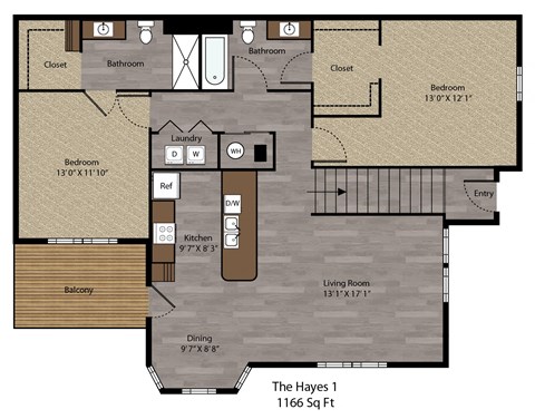 Floor plan for 2 beds, 2 baths, 1166 sqft